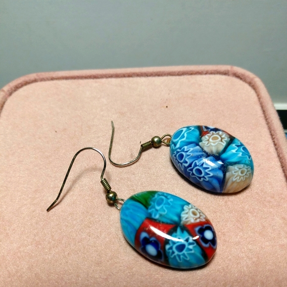 Vintage Unique Multi Color Oval Cabochon Earrings Silver French Wires - Picture 3 of 8